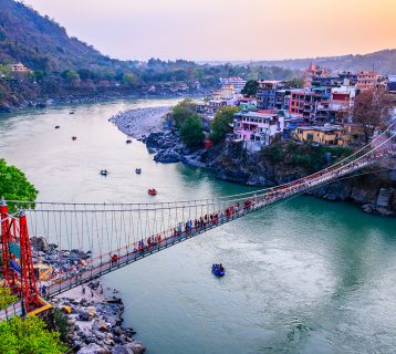 Rishikesh,,Yoga,City,India,,Ganges,River,Ganga,Ram,Jhoola,(bridge).people