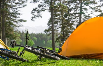 camping near mountains during cycle touring in India