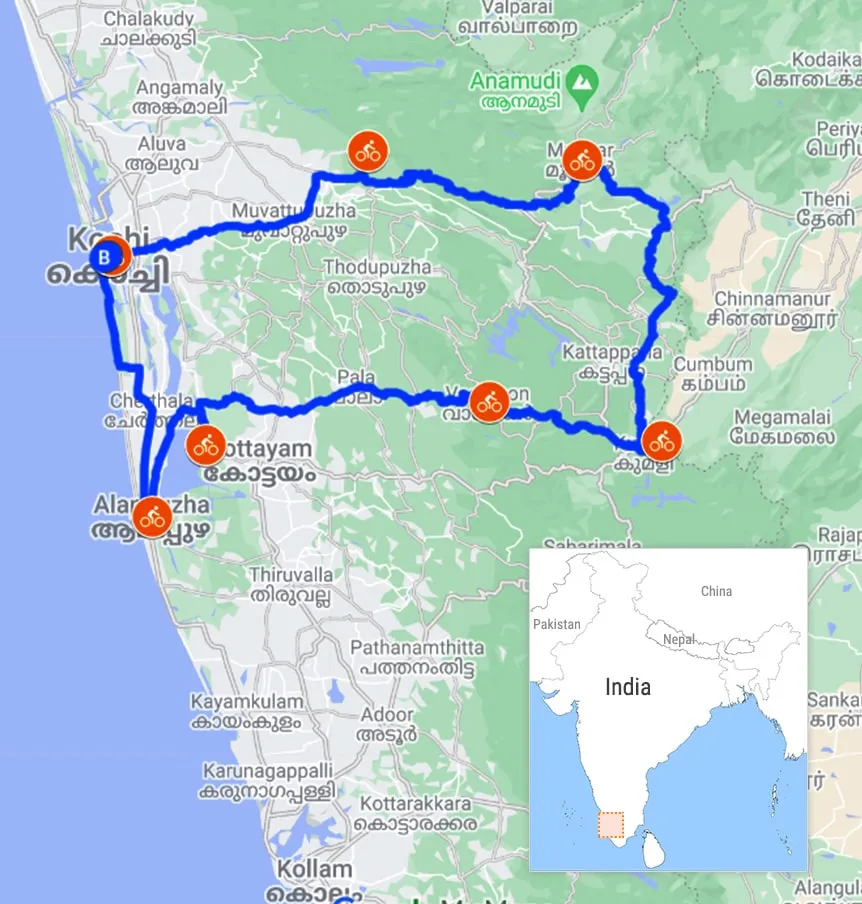 Kerala Cycling Holidays Tour Map